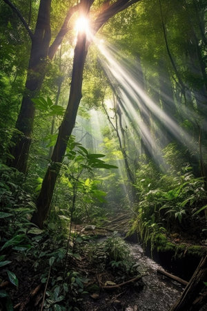 sun rays peeking through a dense forest canopy, created with generative aiの素材