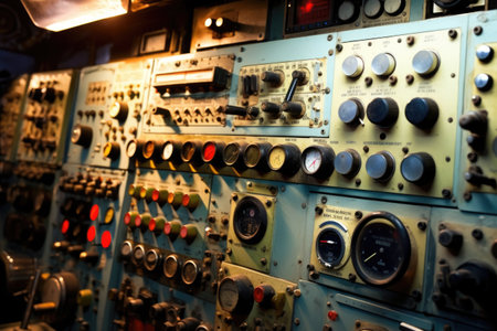 close-up of submarine control panels with various buttons, created with generative aiの素材
