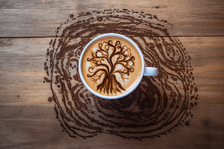latte art in the shape of a tree on wooden surface, created with generative aiの素材
