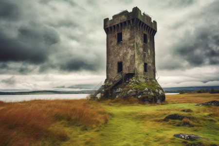 collapsed watchtower against cloudy sky, created with generative aiの素材