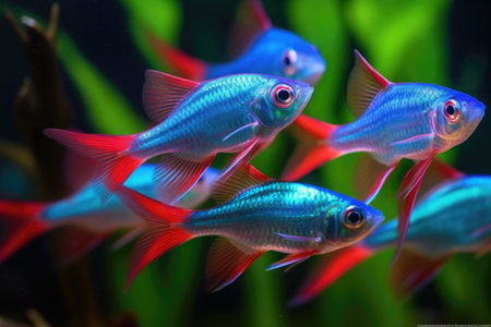 neon tetras schooling together, creating a mesmerizing pattern, created with generative aiの素材