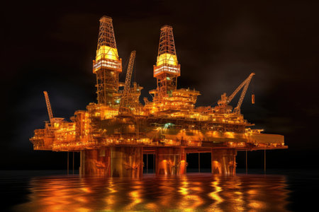 night time long exposure of illuminated oil rig, created with generative aiの素材