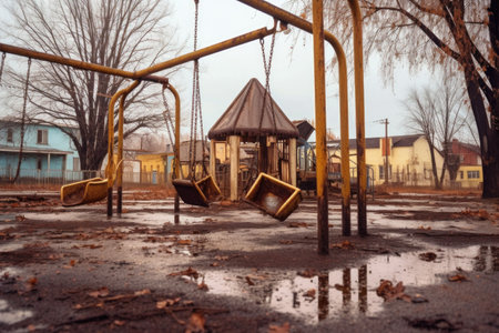 an eerie, empty playground with rusted swings and slide, created with generative aiの素材