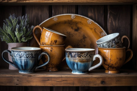 vintage teacup set on rustic wooden shelf, created with generative aiの素材