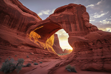 dramatic sandstone arch with glowing sunset, created with generative aiの素材
