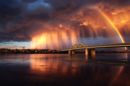 double rainbow bridge in a stormy sky, created with generative aiの素材