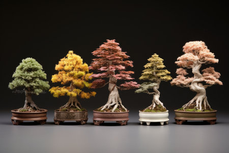 bonsai trees in various stages of growth and training, created with generative aiの素材