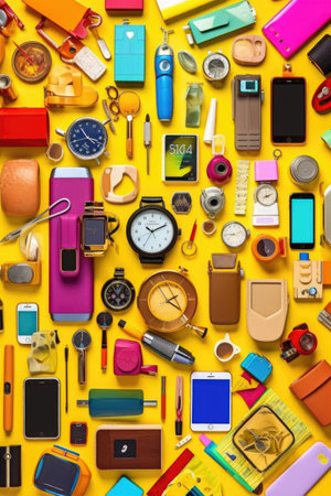flat lay of colorful marketing materials and gadgets, created with generative aiの素材