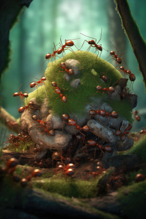 ants working together to carry heavy load, created with generative aiの素材