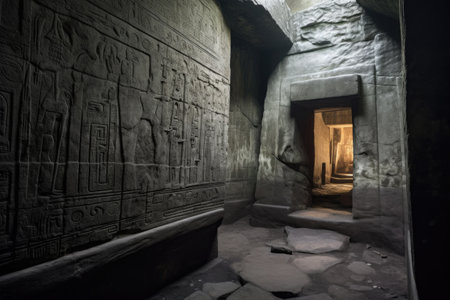 mysterious hieroglyphs etched on ancient stone walls, created with generative aiの素材