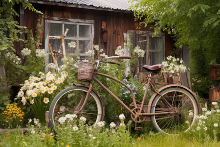 old-fashioned bike surrounded by flowers in garden, created with generative aiの素材