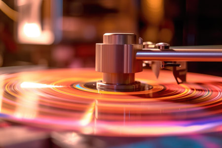 close-up of spinning vinyl on turntable, created with generative aiの素材