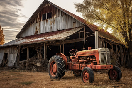 aged barn with vintage tractor parked beside, created with generative aiの素材