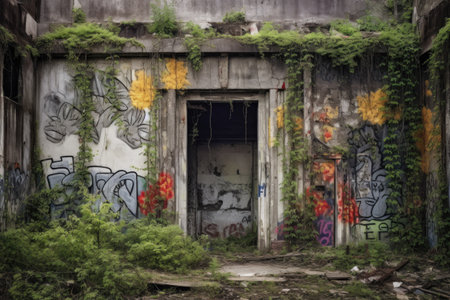 crumbling concrete walls with graffiti and overgrowth, created with generative aiの素材