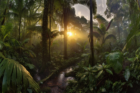 panoramic shot of rainforest canopy with golden sunrise, created with generative aiの素材