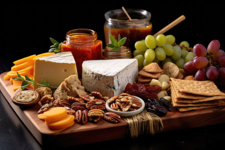cheese board with assorted cheeses, nuts and crackers, created with generative aiの素材