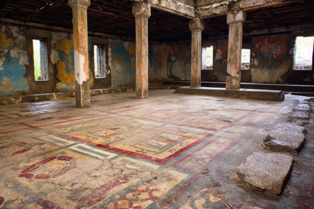 weathered roman mosaic tiles in a ruin, created with generative aiの素材