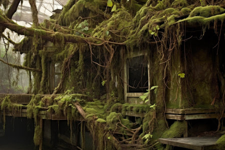warning signs covered in vines and moss, created with generative aiの素材