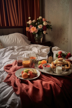 breakfast in bed set-up with a loving touch, created with generative aiの素材