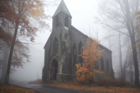 a spooky, foggy scene outside an abandoned church, created with generative aiの素材