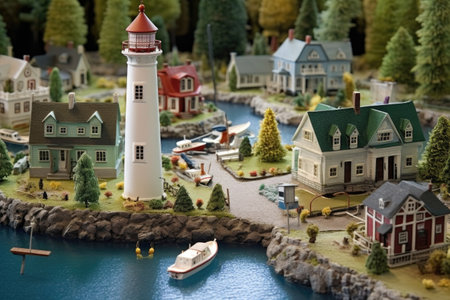 miniature village harbor with boats and lighthouse, created with generative aiの素材