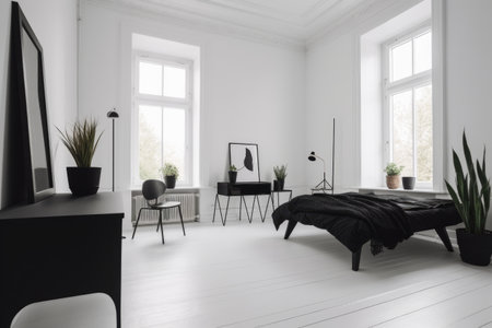 minimalist room, with white walls and black accents, ready for a makeover, created with generative aiの素材