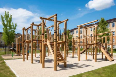 school playground with wooden climbing structures and monkey bars, created with generative aiの素材