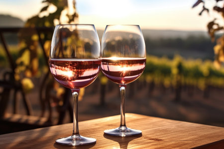 wine glasses on a glass table with a blurred vineyard background, created with generative aiの素材
