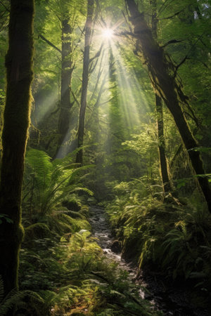 sunlight streaming through a forest canopy, created with generative aiの素材