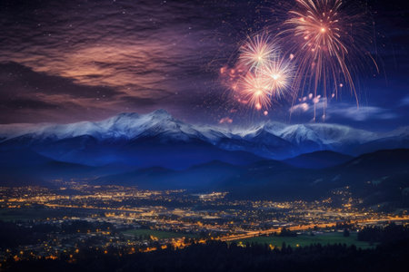 dramatic fireworks display over mountain range, created with generative aiの素材