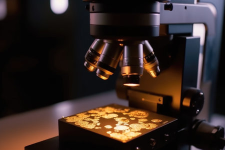 close-up of advanced microscope, magnifying and revealing unseen details, created with generative aiの素材
