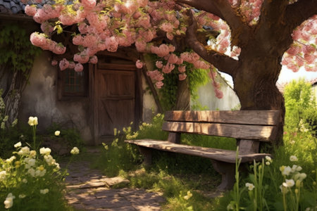 rustic wooden bench under a flowering tree in monastery grounds, created with generative aiの素材