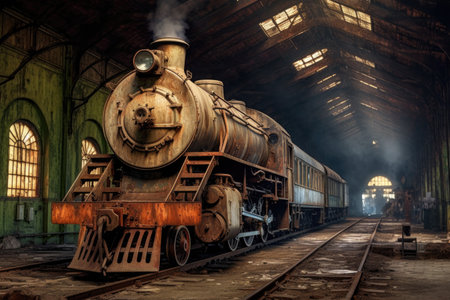 rusty steam locomotive at an old depot, created with generative aiの素材