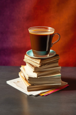 stack of survey sheets with a cup of coffee, created with generative aiの素材