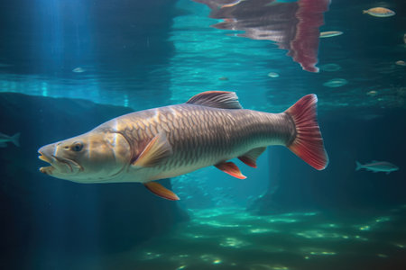 arowana gracefully swimming in a large home aquarium, created with generative aiの素材