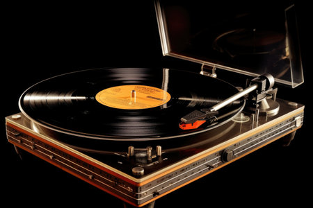 vintage turntable with vinyl record spinning, created with generative aiの素材