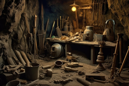 vintage mining tools scattered around shaft, created with generative aiの素材
