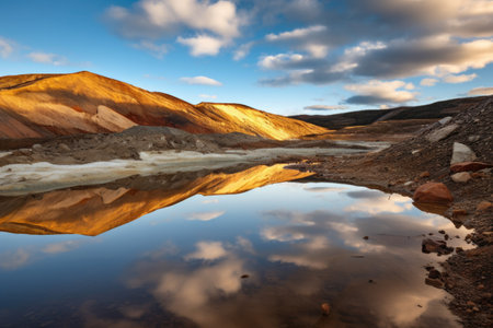 tailings pond in a remote mine, reflecting the sky, created with generative aiの素材
