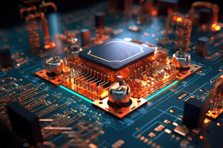 close-up of ai microchip circuit in laboratory, created with generative aiの素材