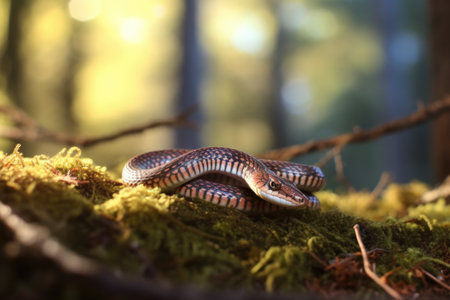 slow worm curled up on sunlit forest floor, created with generative aiの素材