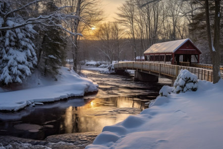 snowy covered bridge with icy stream below, created with generative aiの素材
