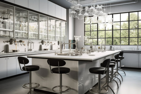 sleek and modern science lab with sleek equipment, glassware, and ergonomic chairs, created with generative aiの素材