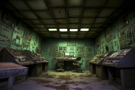 eerie empty control room with broken equipment, created with generative aiの素材