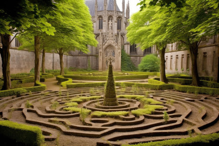 meditative labyrinth in a monastery garden, created with generative aiの素材