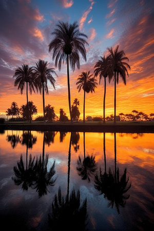silhouette of palm trees against a sunset, created with generative aiの素材