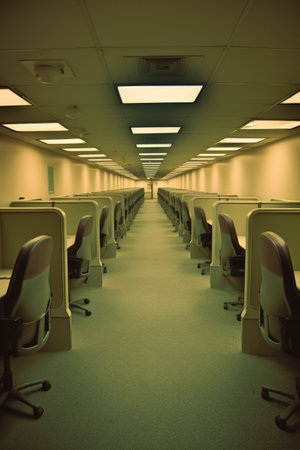a row of empty office cubicles with computers and chairs, created with generative aiの素材