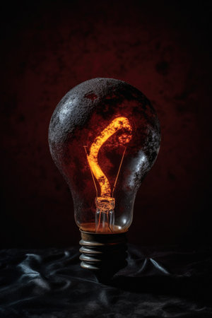 light bulb illuminating a question mark on dark background, created with generative aiの素材