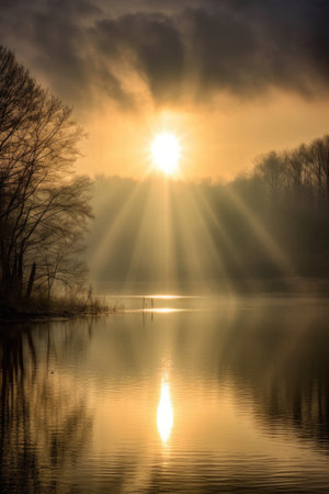 sunrays peeking through a layer of fog over a lake, created with generative aiの素材