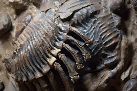close-up of a trilobite fossil embedded in rock, created with generative aiの素材