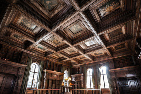 wooden coffered ceiling in a historic library, created with generative aiの素材